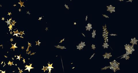 Falling Gold Star and Snowflake Silhouettes on Black Backdrop