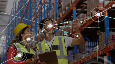Warehouse Team Analyzing Global Logistics Technology Interface