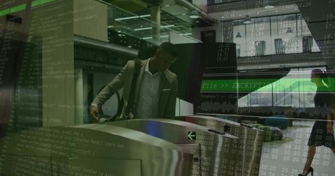 Businessman tapping access card and passing secure turnstile with cyber encryption overlay