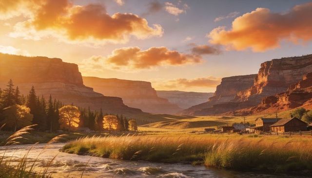 Flowing creek and glowing golden grasses in sunlit redrock valley with towering cliffs
