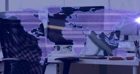 Digital world map overlay in office concept for connectivity and innovation