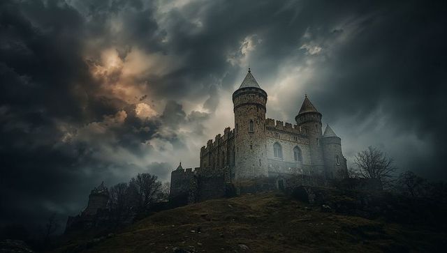 Majestic Fortress with Turrets Under Stormy Skies