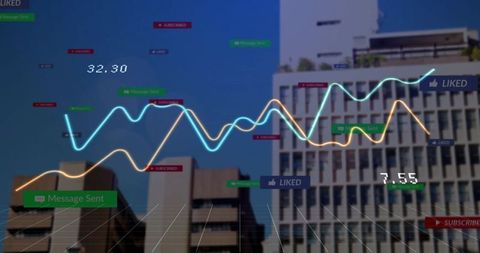 Digital Analytics Graphs Over Urban City Landscape