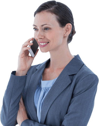 Transparent Woman Smiling and Talking on Smartphone
