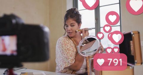 Female makeup vlogger filming beauty tutorial at home