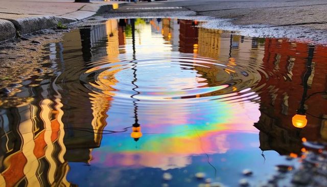 Iridescent puddle reflecting city lamp posts and buildings with concentric ripples at dusk
