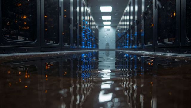 Reflecting wet data center aisle with blue and amber rack leds, glossy floor perspective
