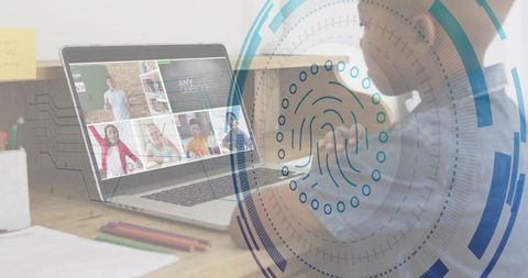 Displaying laptop video call with biometric fingerprint HUD for remote learning security