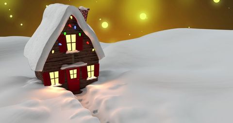 Cozy Snow-Covered Cabin with Christmas Lights at Night