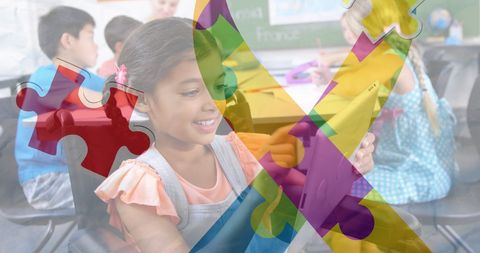 Children with Autism in Classroom Engaging Lagoon Symbolic Floating Puzzle - Download Free Stock Images Pikwizard.com