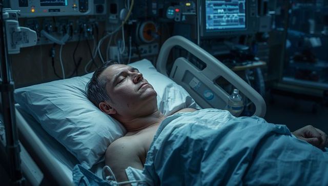Adult male patient resting in icu bed surrounded by monitors and iv tubing