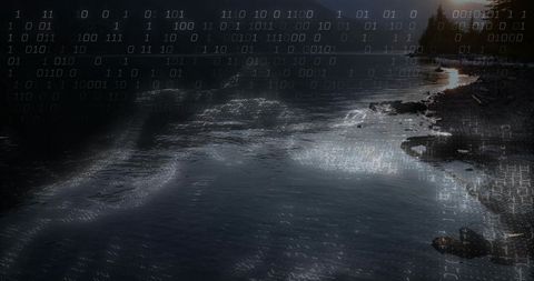 Binary code over lake reflecting scenic sunset
