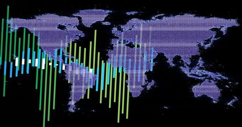 Futuristic Data Visualization with Global Map and Bar Graphs
