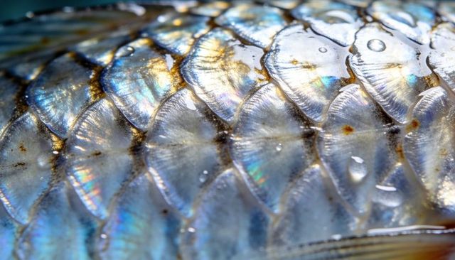 Shimmering fish scales macro showing iridescent pearl sheen, water droplets and growth lines