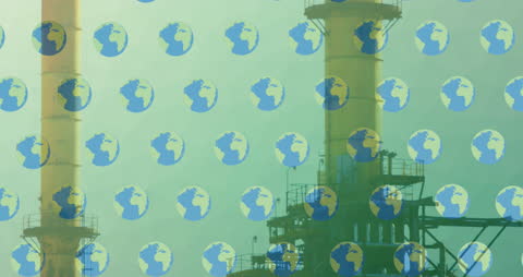 Futuristic Factory with Falling World Globe Animation Overlay