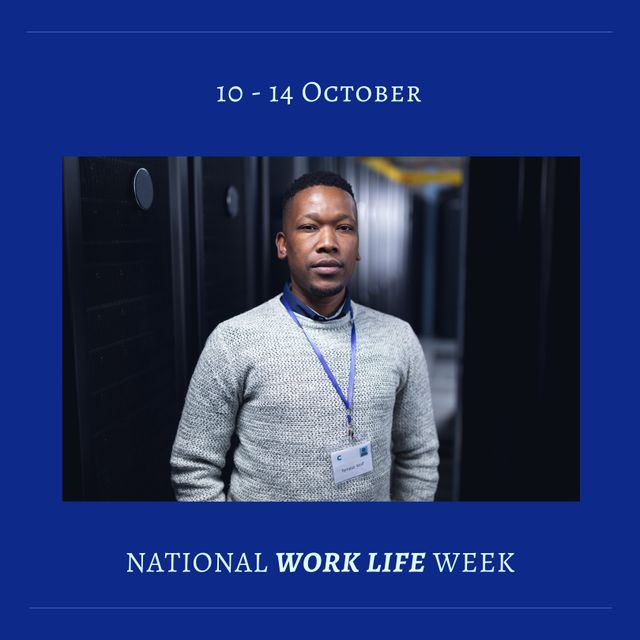 Composition of national work life week text with african american man on blue background. National work life week and celebration concept digitally generated image.