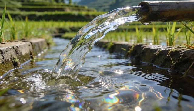 Pouring Water from Metal Pipe into Rice Paddy Channel Creating Iridescent Sunlit Ripples