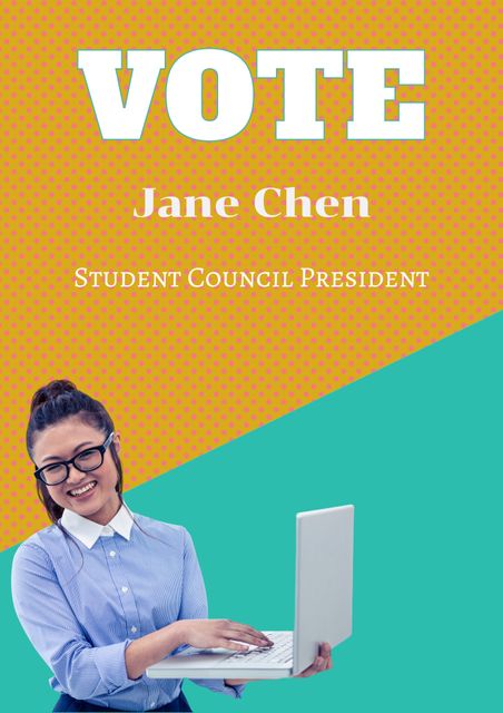 Smiling woman holding a laptop as part of a campaign poster urging students to vote for a student council president candidate. Ideal for use in school electoral campaigns, student leadership promotions, educational events, and marketing materials related to student democratic processes.