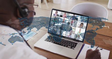 Remote healthcare team collaborating via video conference with global data overlay