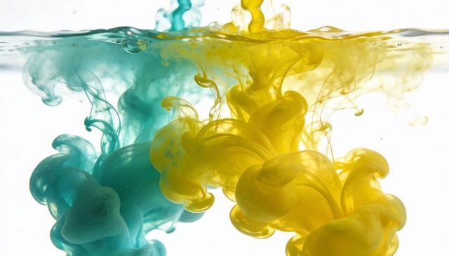 Teal and yellow ink plumes twirling at waterline macro abstract fluid art background