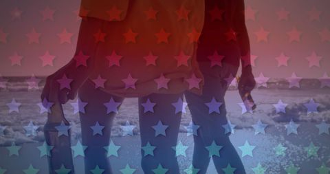 American Flag Reflections Over Diverse Couple at Beach