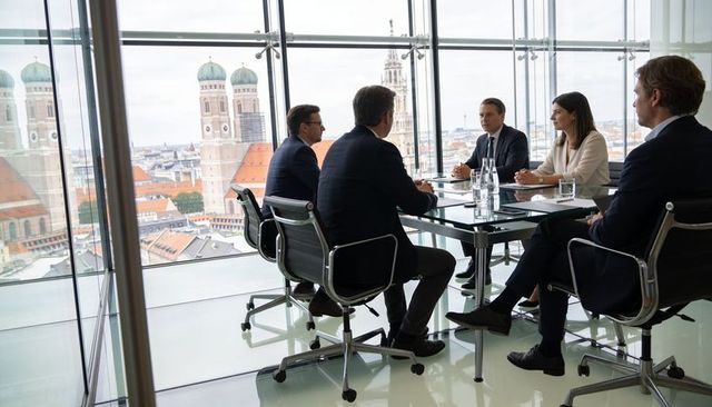 Executives negotiating deal in glass-walled boardroom overlooking historic european skyline