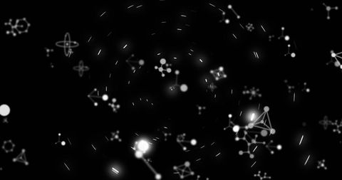 Dynamic representation of spinning molecules on black background