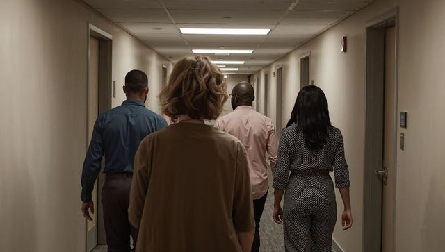Diverse professionals walking down corporate corridor, teamwork and collaboration concept
