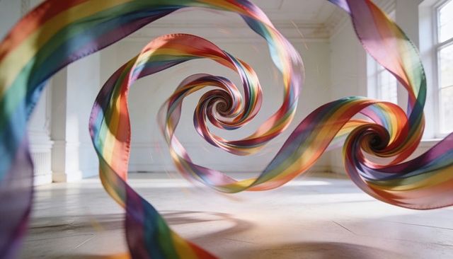 Floating rainbow ribbons twisting into spirals in bright white gallery interior