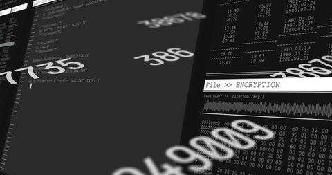 Dark cybersecurity dashboard displaying encryption, hex dump and source code on terminal