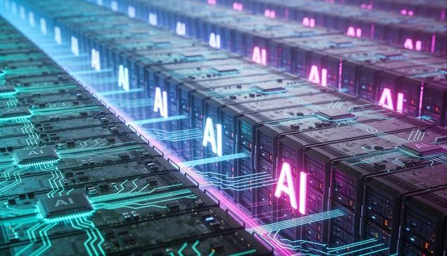 Neon ai server rows powering ultra high-speed neural processing with futuristic circuitry