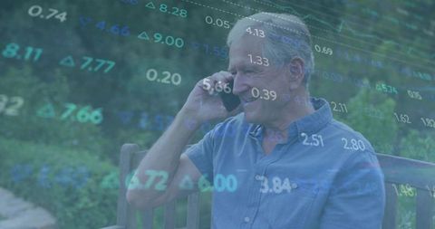 Senior Man Making Phone Call with Financial Data Overlay — Retirement Planning Concept