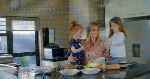 Mother and daughters baking together at kitchen island with digital binary overlay