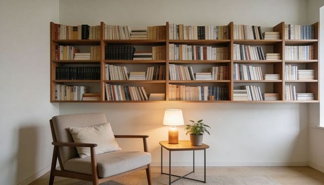Inviting minimalist reading nook featuring wooden bookshelves and cushioned armchair