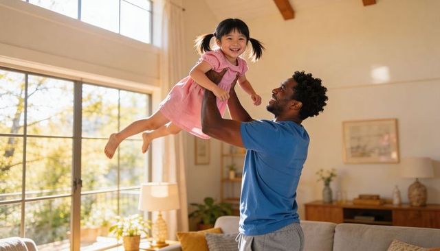 Father lifting daughter in sunlit living room joyful family playtime and bonding