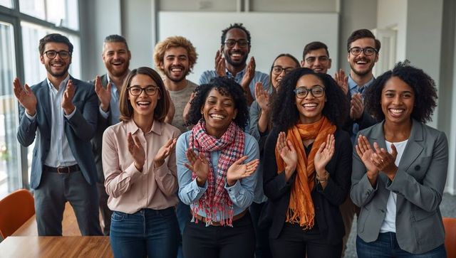 Diverse professional team clapping and celebrating success in collaborative office meeting