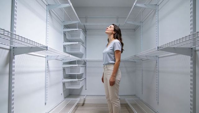 Woman examining empty walk-in closet with white wire shelving and organizers