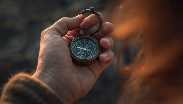 Holding antique brass compass during golden hour outdoor navigation and exploration