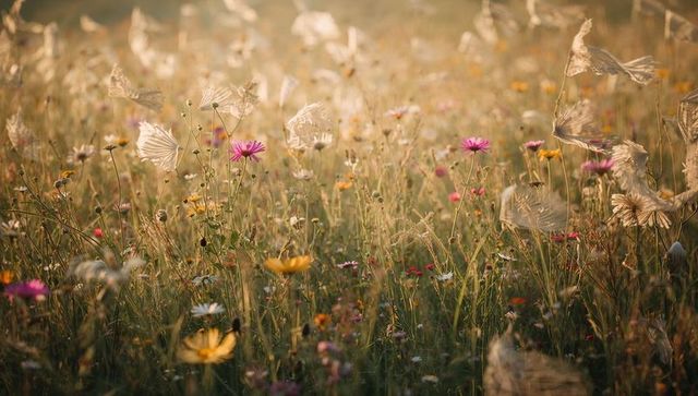 Golden hour wildflower meadow bathing in warm light, backlit seed tufts and vibrant blooms