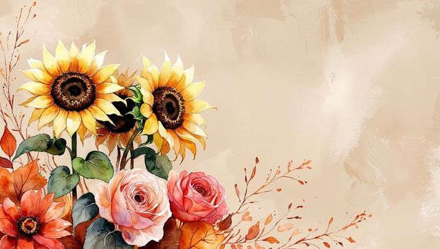 Floral Watercolor Art with Sunflowers, Roses, Autumn Leaves for Elegant Design