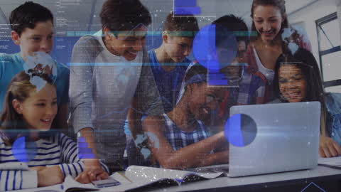 Diverse Students Collaborating on Laptop with Digital Overlay