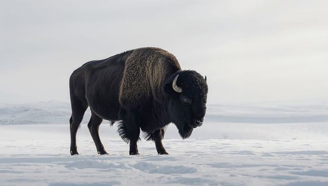 Solitary american bison standing on snow-covered prairie horizon during winter light