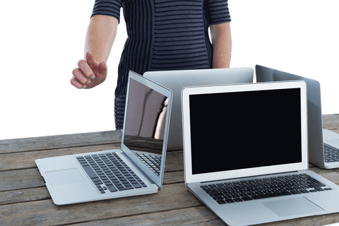 transparent tech interaction with laptops on wood table - Download Free Stock Videos Pikwizard.com