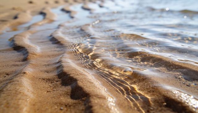 Shimmering wet sand ripples on shoreline reflecting golden sunlight, coastal texture