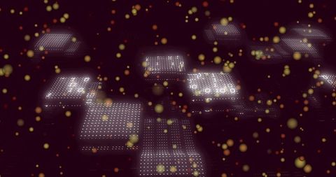 Hovering Digital Data Grids with Binary Code and Gold Bokeh for Futuristic Tech Concepts