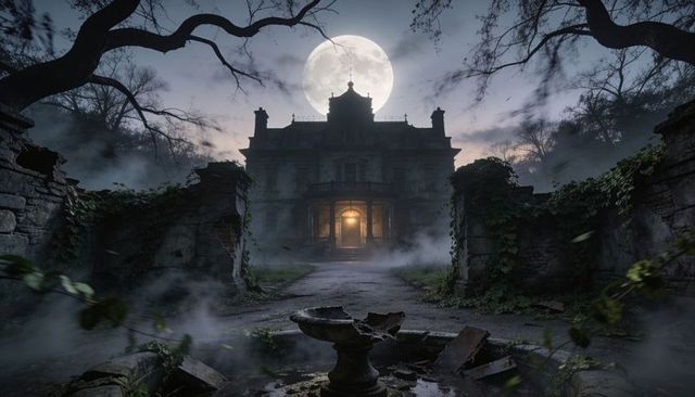 Haunted victorian mansion backlit by full moon with glowing doorway and mist