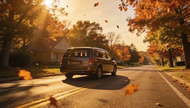 Family minivan driving through autumn neighborhood with falling leaves at golden hour