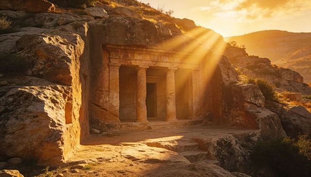 Sunlit ancient rock-cut temple bathing in golden hour rays on rugged hillside