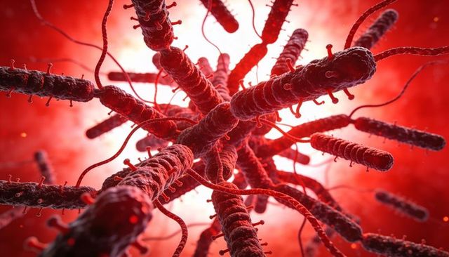 Clumping bacilli with flagella, pili and vesicles radiating in bright red vascular field