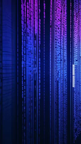 Drifting camera through neon LED glyph columns vertical video with scrolling matrix gradient